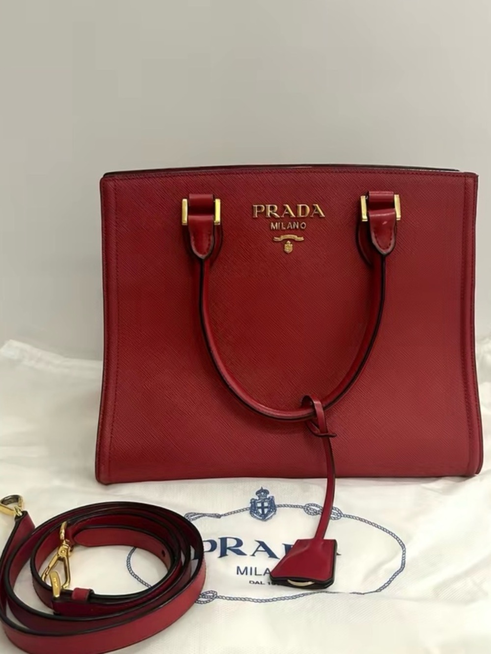Prada Red Saffiano Leather Satchel with Gold Hardware
